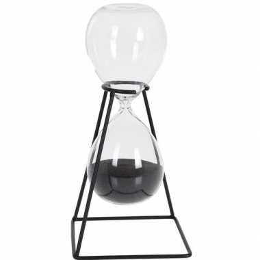 Decoratie zandloper zwart met metalen standaard 25 cm